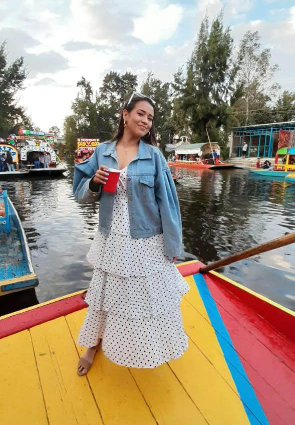 Gabby Rodriguez, Not Quite A Model, Xochimilco, Mexico. White maxi dress with black dots. Outfit.