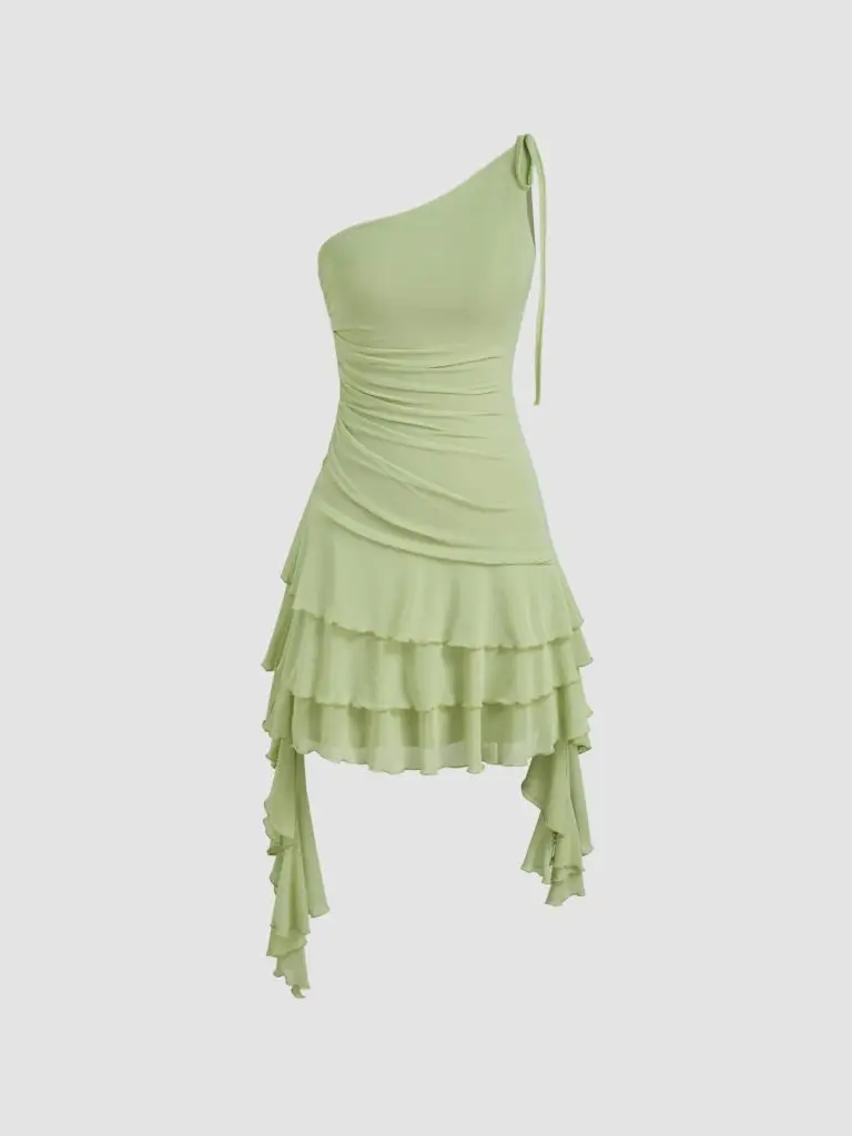 Cider Green Ruched Dress Fashion Outfit. Outfit Inspiration. Summer Style